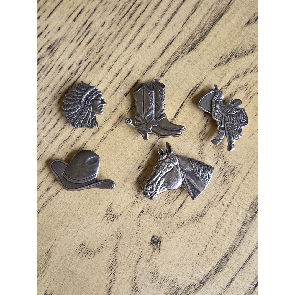 Western Theme Silver Tin Button Covers 80's Vintage Cowboy Boots Hat Lot Of 5